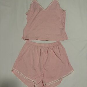 Elegant Pink Striped Pajama Set with Lace Accents